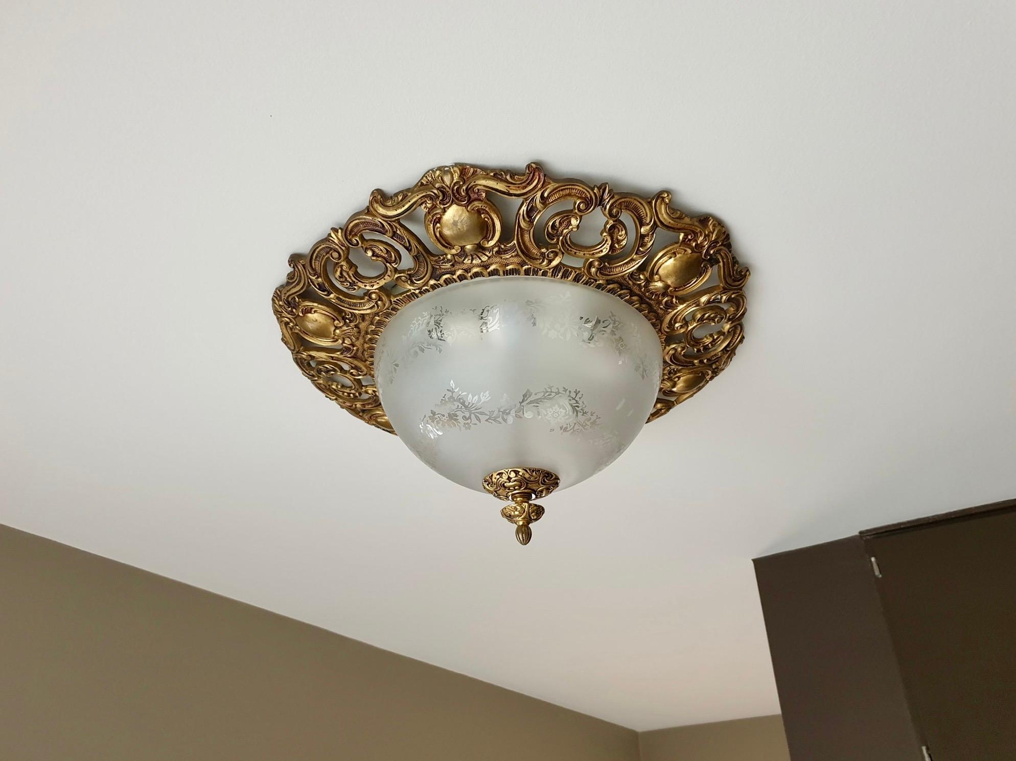 Mid-Century Modern Italian Murano Glass and Brass Flush Mount, Wall Light For Sale