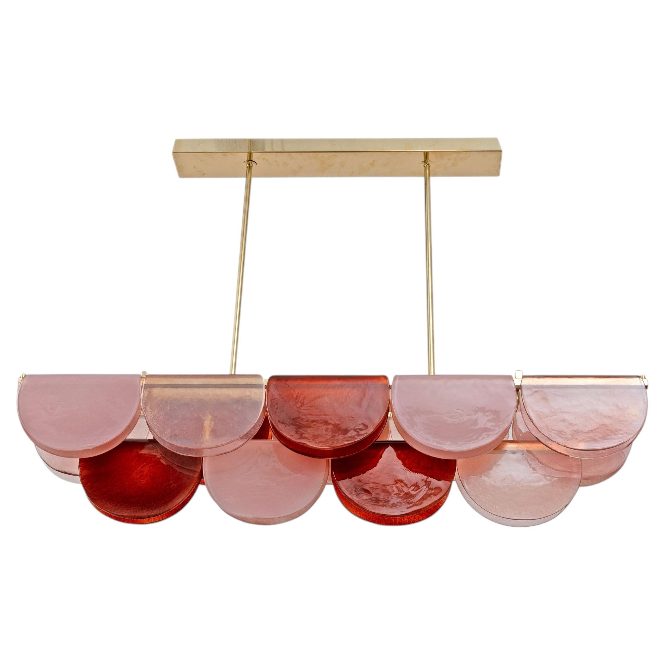 Italian Murano Glass and Brass Modular Linear Chandelier in Pink and Red For Sale