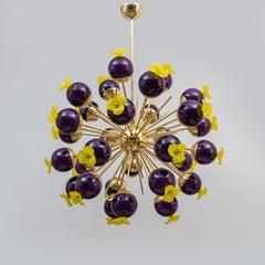 Italian Murano Glass and Brass Sputnik Chandelier, Yellow and Purple Spheres
