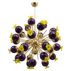 Italian Murano Glass and Brass Sputnik Chandelier, Yellow and Purple Spheres