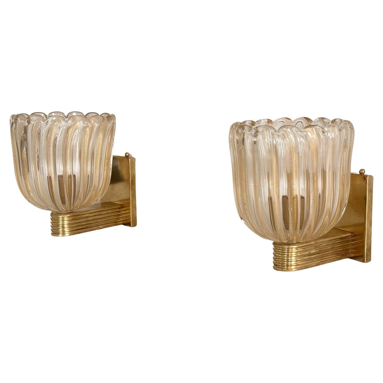 Italian Murano Glass and Brass Wall Lights in Art Deco Style, 1990s