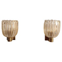 Italian Murano Glass and Brass Wall Lights in Art Deco Style, 1990s