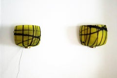 Italian Murano Glass and Brass Wall Sconces in Frosted Yellow Glass, 1980s