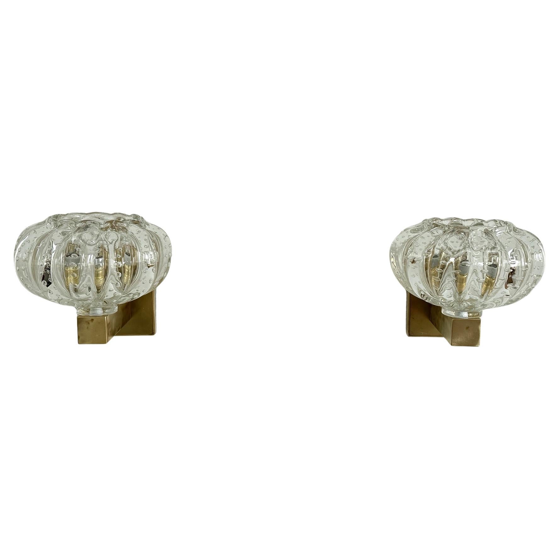 Italian Murano Glass and Brass Wall Sconces in the Art Deco Style, 1990s