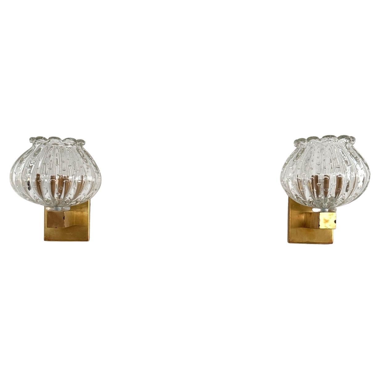 Italian Murano Glass and Brass Wall Sconces in the Art Deco Style, 1990s