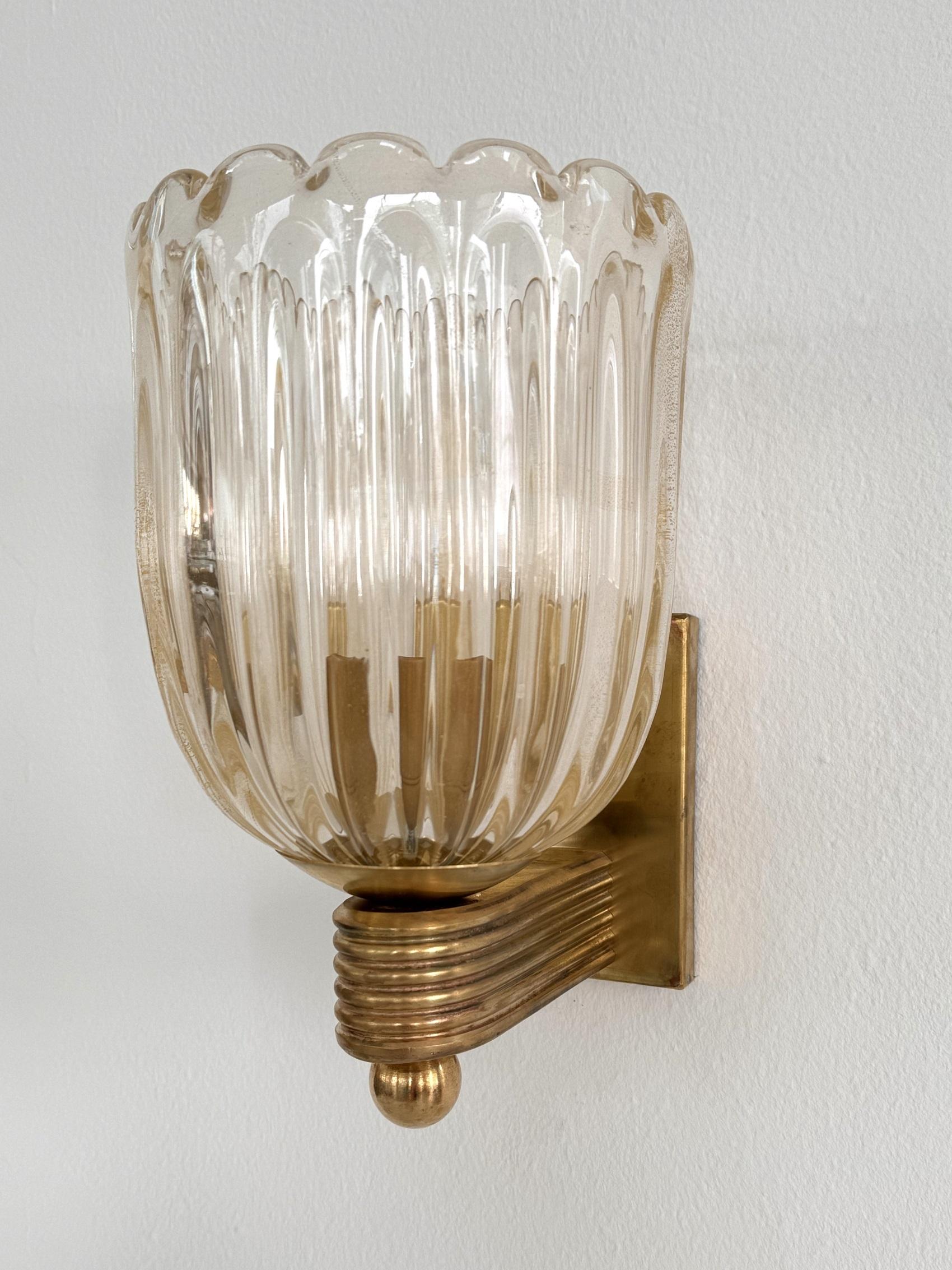Italienisches Murano Glas und Messing Wandleuchten Lights im Art Deco Stil, 1990er Jahre 1