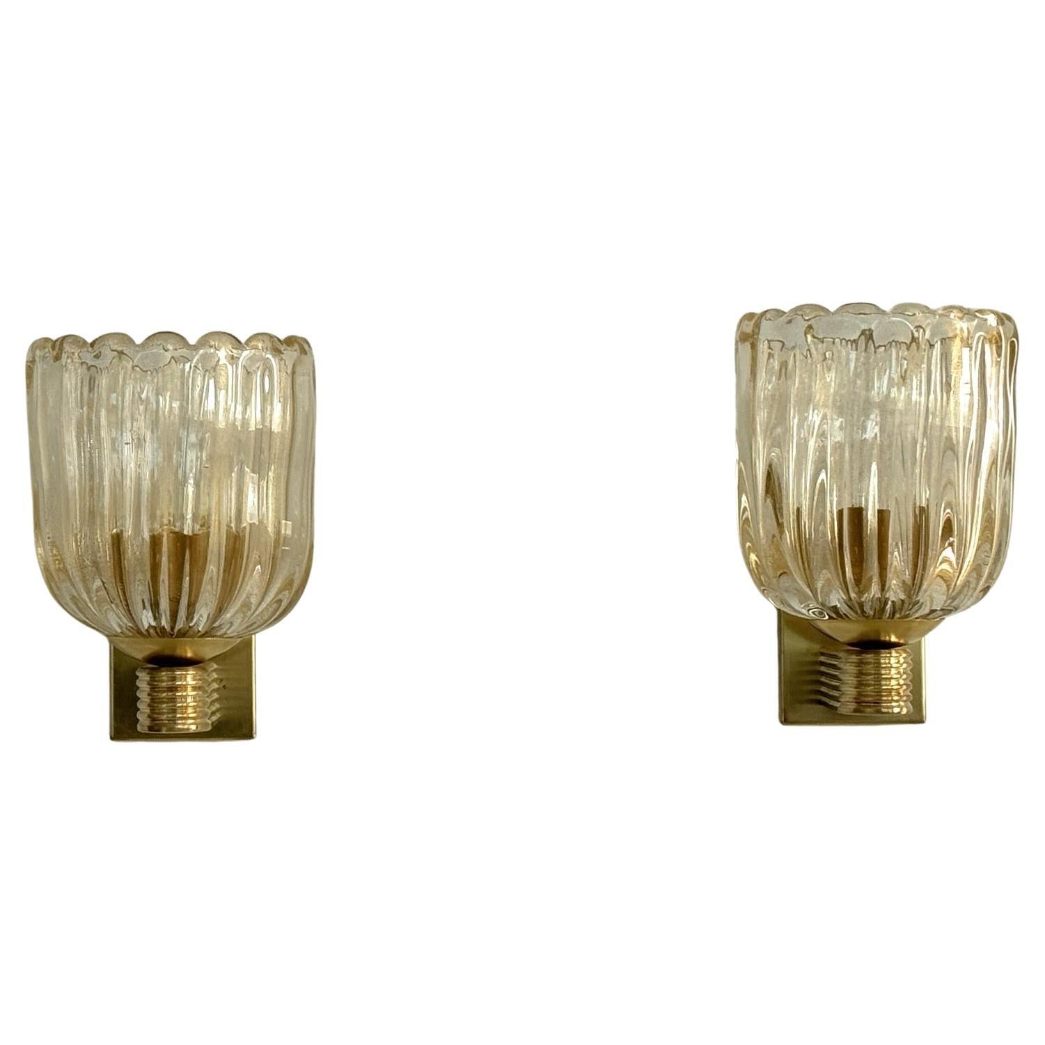 Italian Murano Glass and Brass Wall Sconces Lights in Art Deco Style, 1990s
