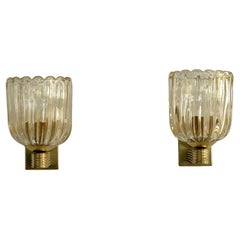 Vintage Italian Murano Glass and Brass Wall Sconces Lights in Art Deco Style, 1990s