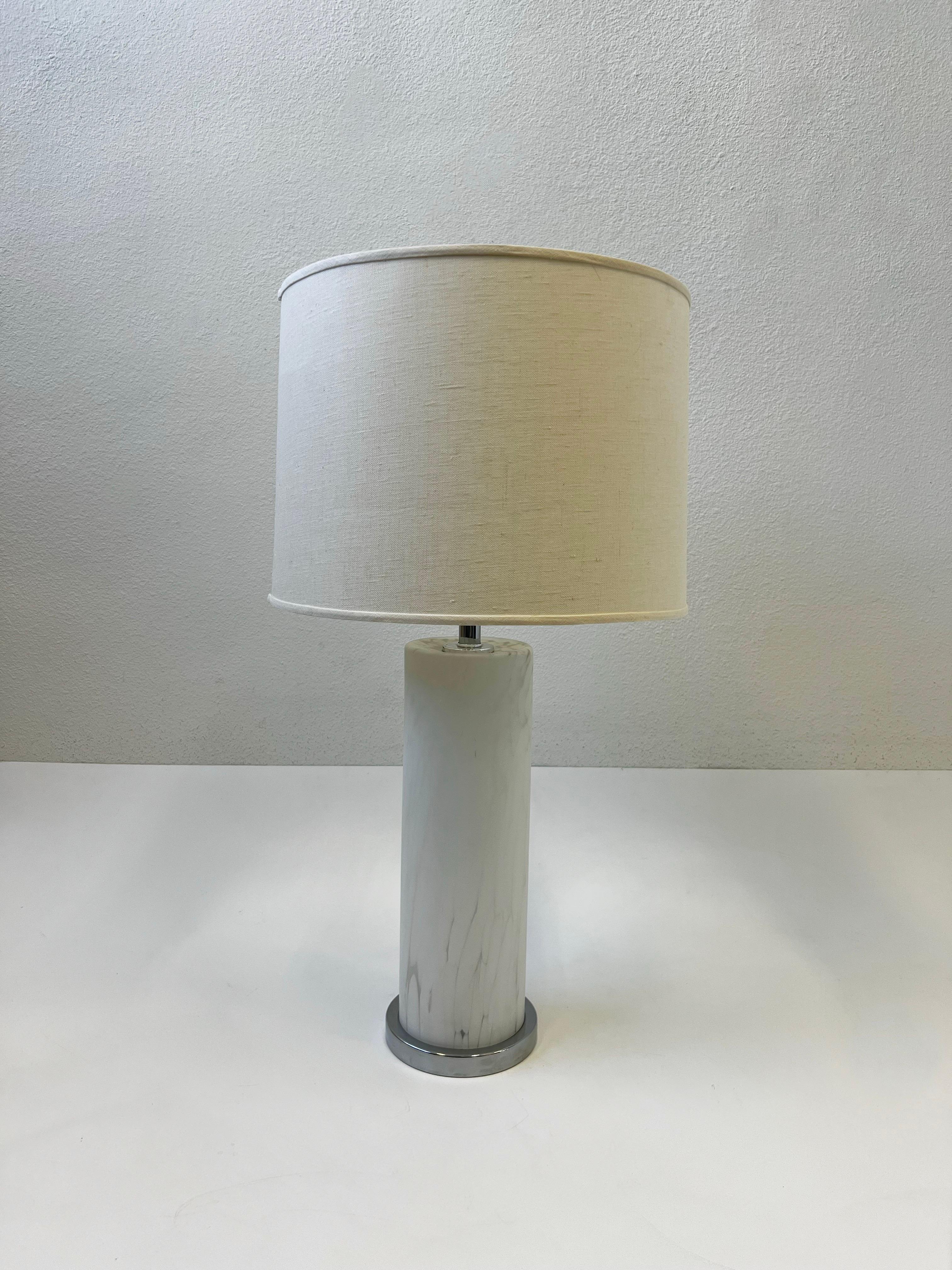 Italian white frosted Murano glass and polish chrome table lamp by Mazzega. 

New socket and new shade.
 It has a three way rotating switch, where you can have the glass light on, the top light or both. 
It takes one 75max regular Edison light bulb