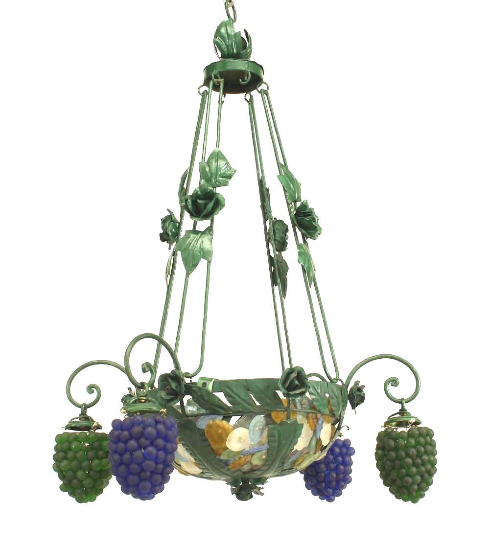 Italian Venetian 4 arm chandelier with green painted metal flowers and leaf design with a bowl base of blue/green flowers and 2 blue & 2 green Murano glass grape design shades.
