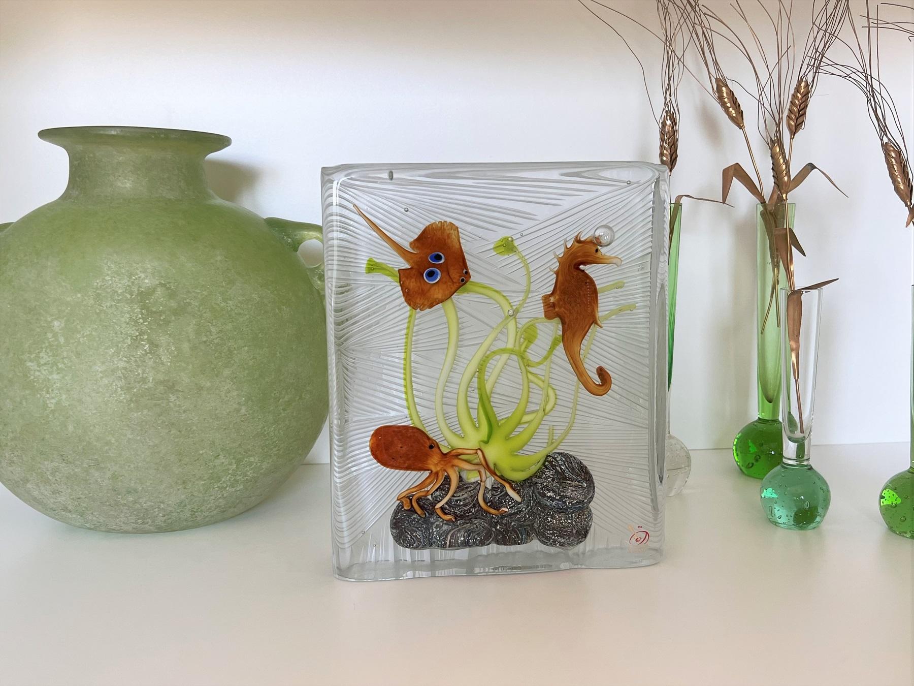 Italian Murano Glass Aquarium with Sea Animals, Signed For Sale 8