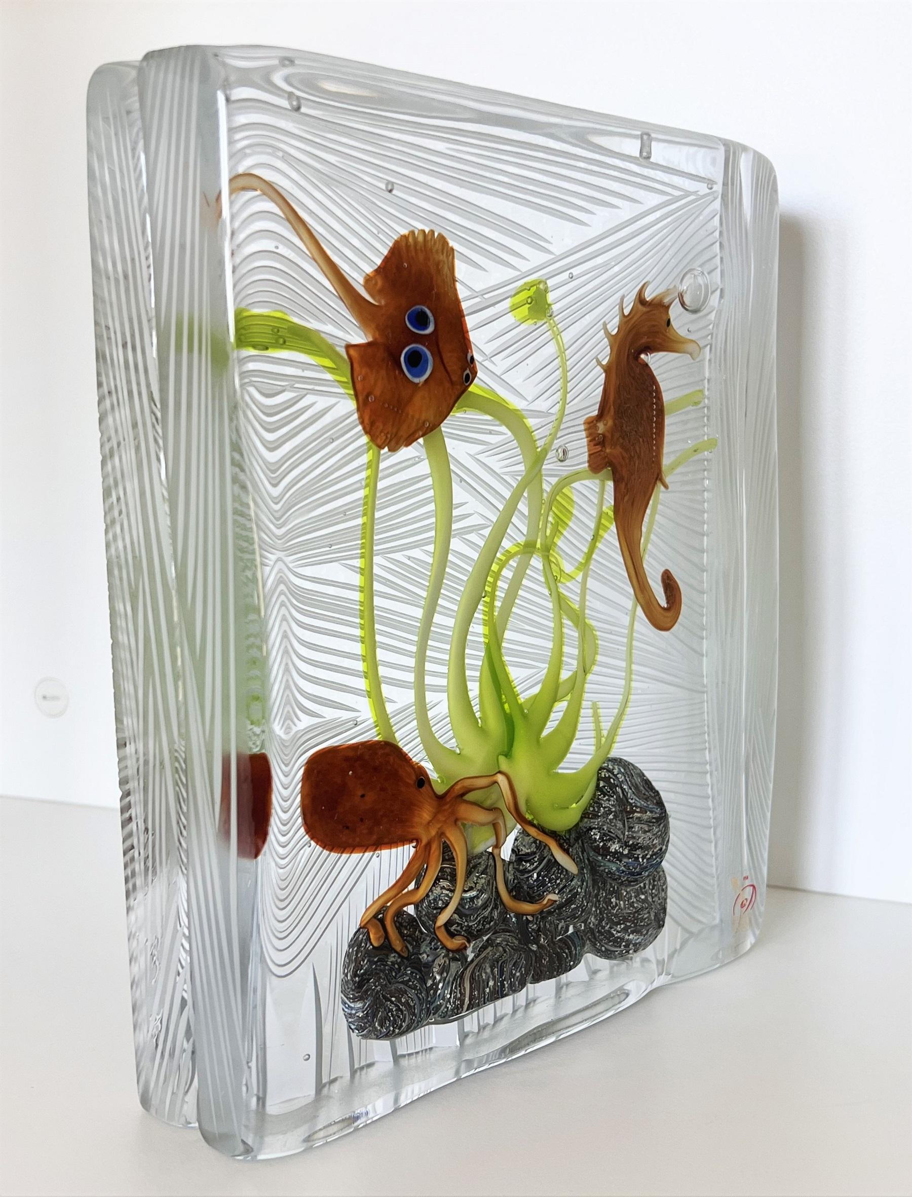 Hand-Crafted Italian Murano Glass Aquarium with Sea Animals, Signed For Sale