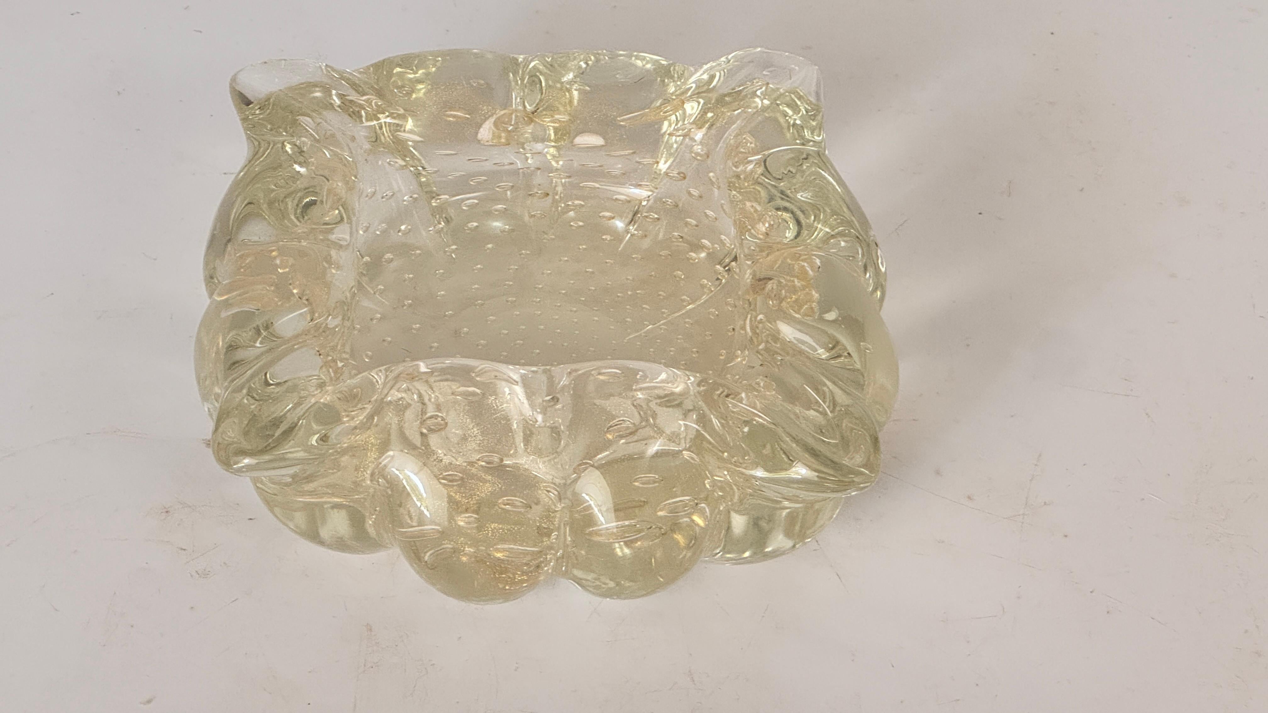 Art Deco Italian Murano Glass Ashtray – 1960s – Anise Yellow, Hand-Blown with Air Bubbles For Sale