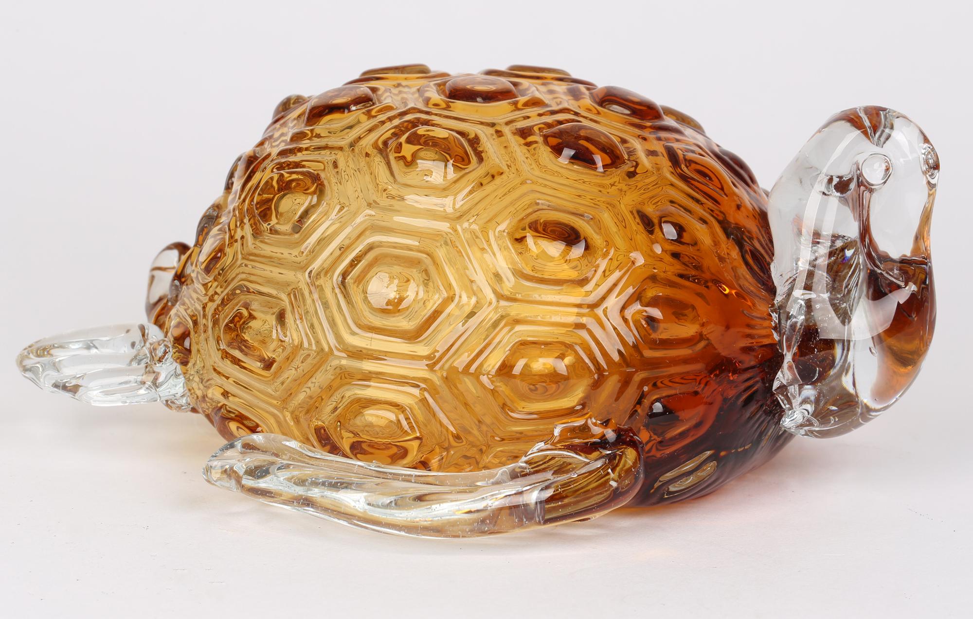Italian Murano Glass Attributed Hollow Blown Amber Glass Turtle For Sale 1