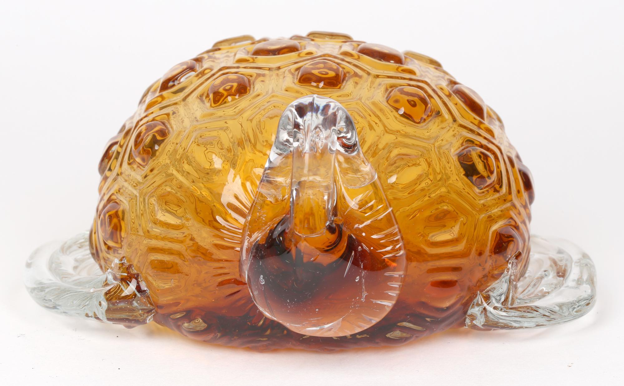 Hand-Crafted Italian Murano Glass Attributed Hollow Blown Amber Glass Turtle For Sale