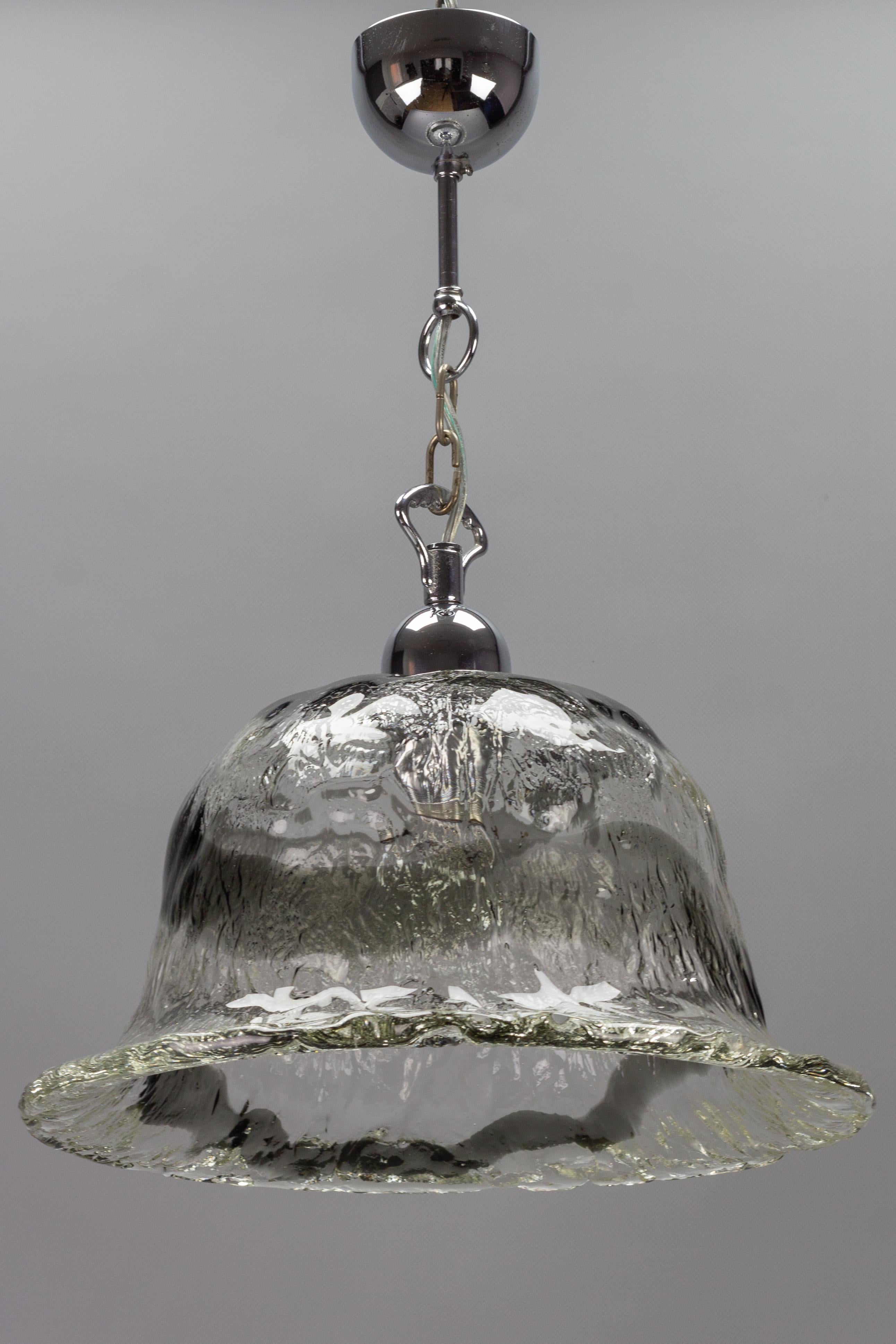 Italian Murano Glass Bell-Shaped Iced Glass and Chrome Pendant Light, 1970s For Sale 12