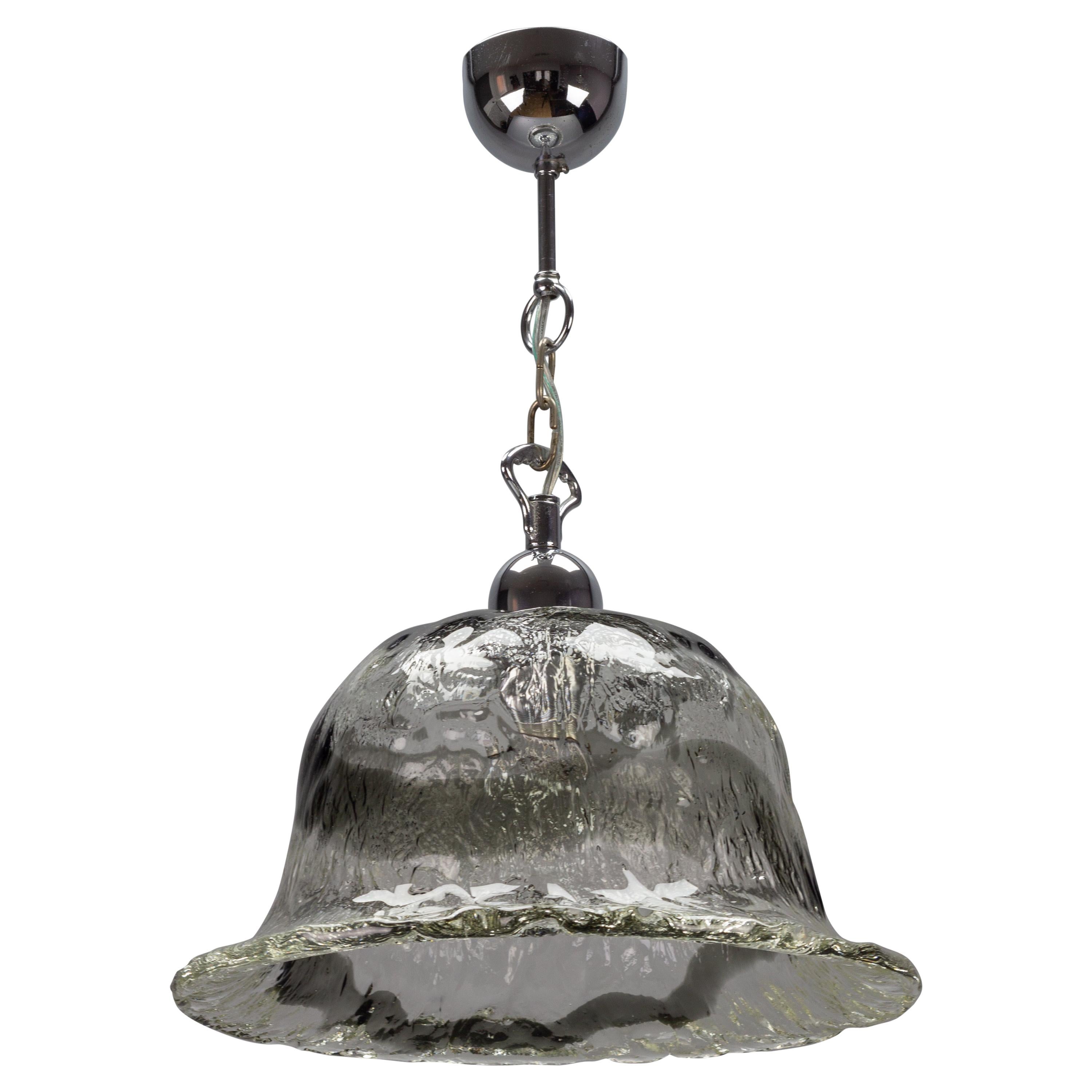 Italian Murano Glass Bell-Shaped Iced Glass and Chrome Pendant Light, 1970s