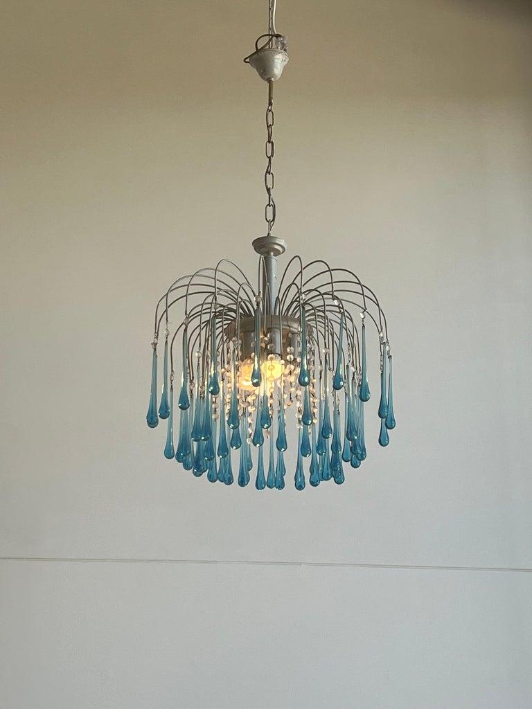 Stunning rare Paolo Venini chandelier with Murano blue glass drops.
