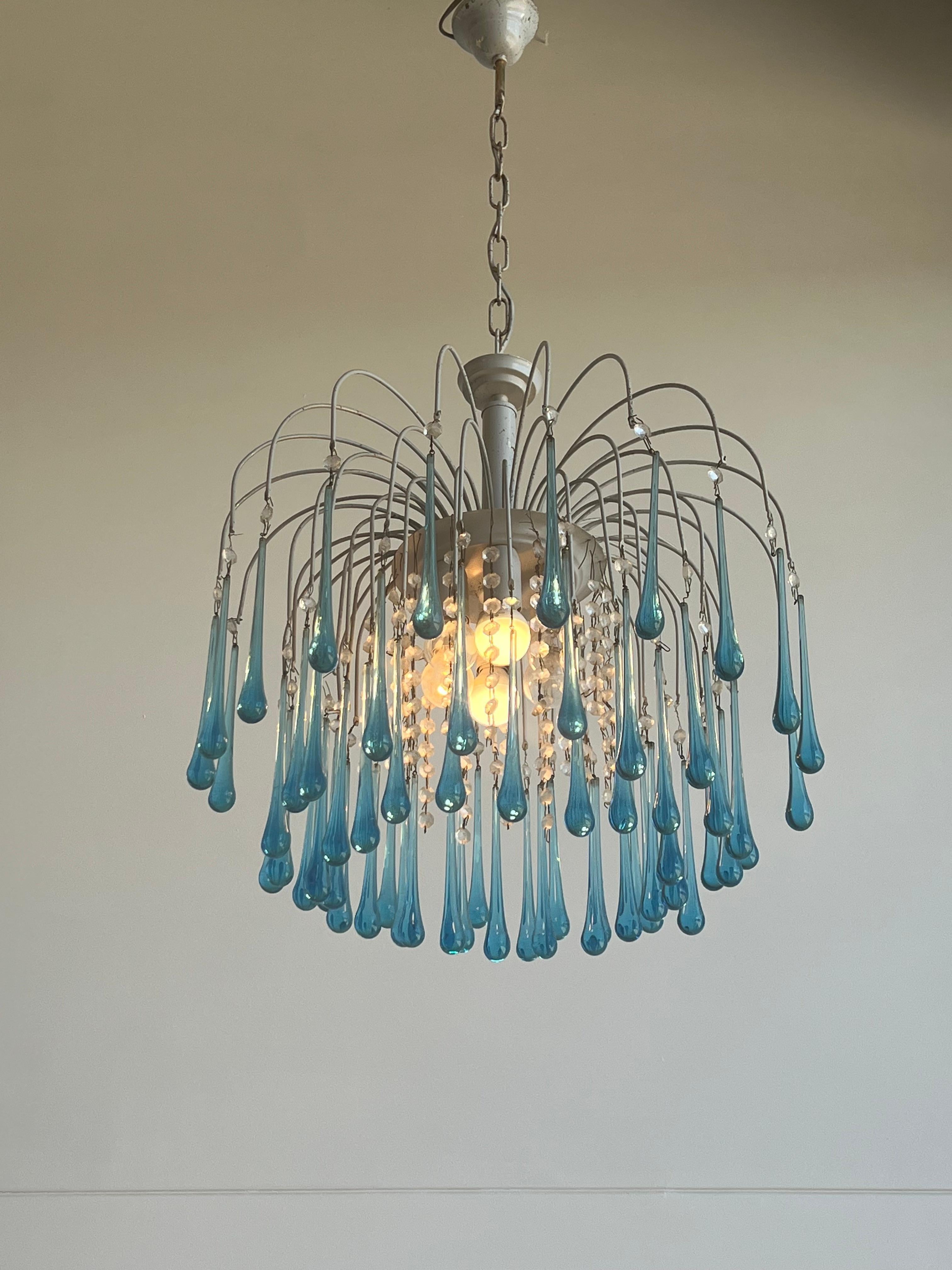 Hand-Crafted Italian Murano Glass Blue Drops Chandelier by Paolo Venini For Sale