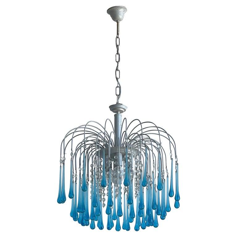 Hand-Crafted Italian Murano Glass Blue Drops Chandelier by Paolo Venini For Sale