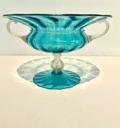 Italian Murano Glass Blue Footed Bowl With Gold Handles and Pedestal