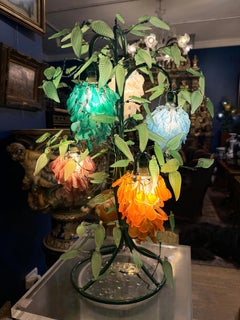Italian Murano Glass Botanical Table Lamp with Hand-Blown Floral Shades, 1970s