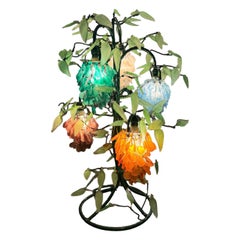 Italian Murano Glass Botanical Table Lamp with Hand-Blown Floral Shades, 1970s