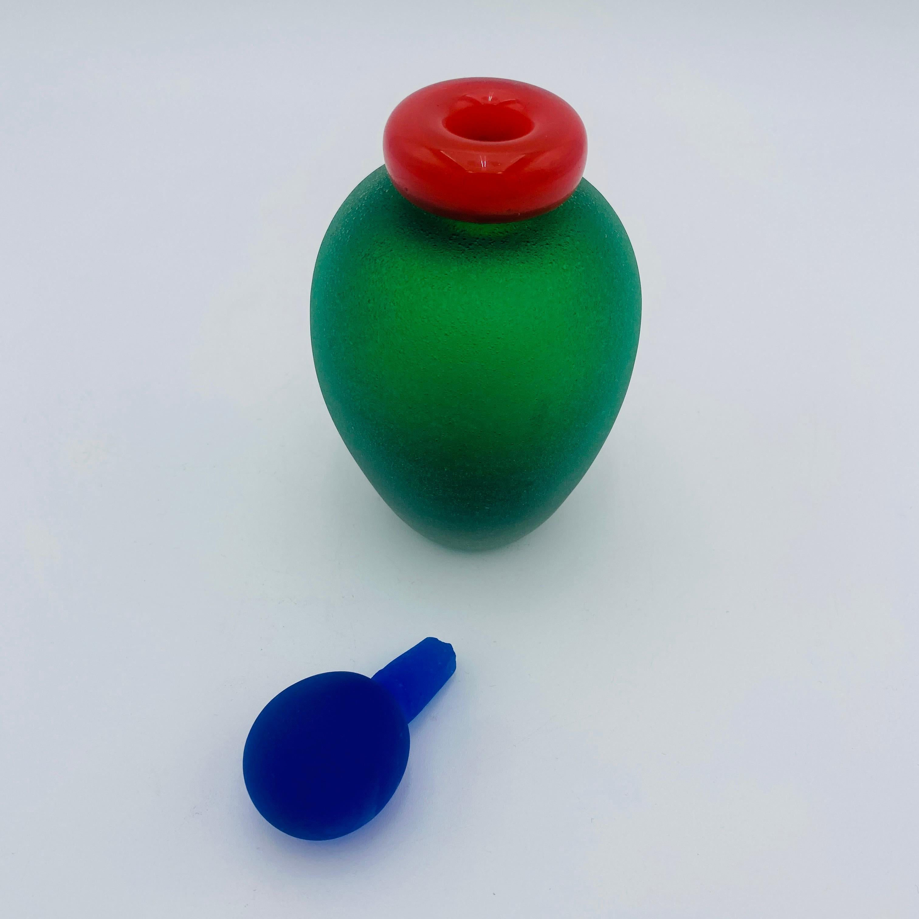 Post-Modern Italian Murano Glass Bottle with Stopper Green Red Blue by Franco Moretti 1980s For Sale