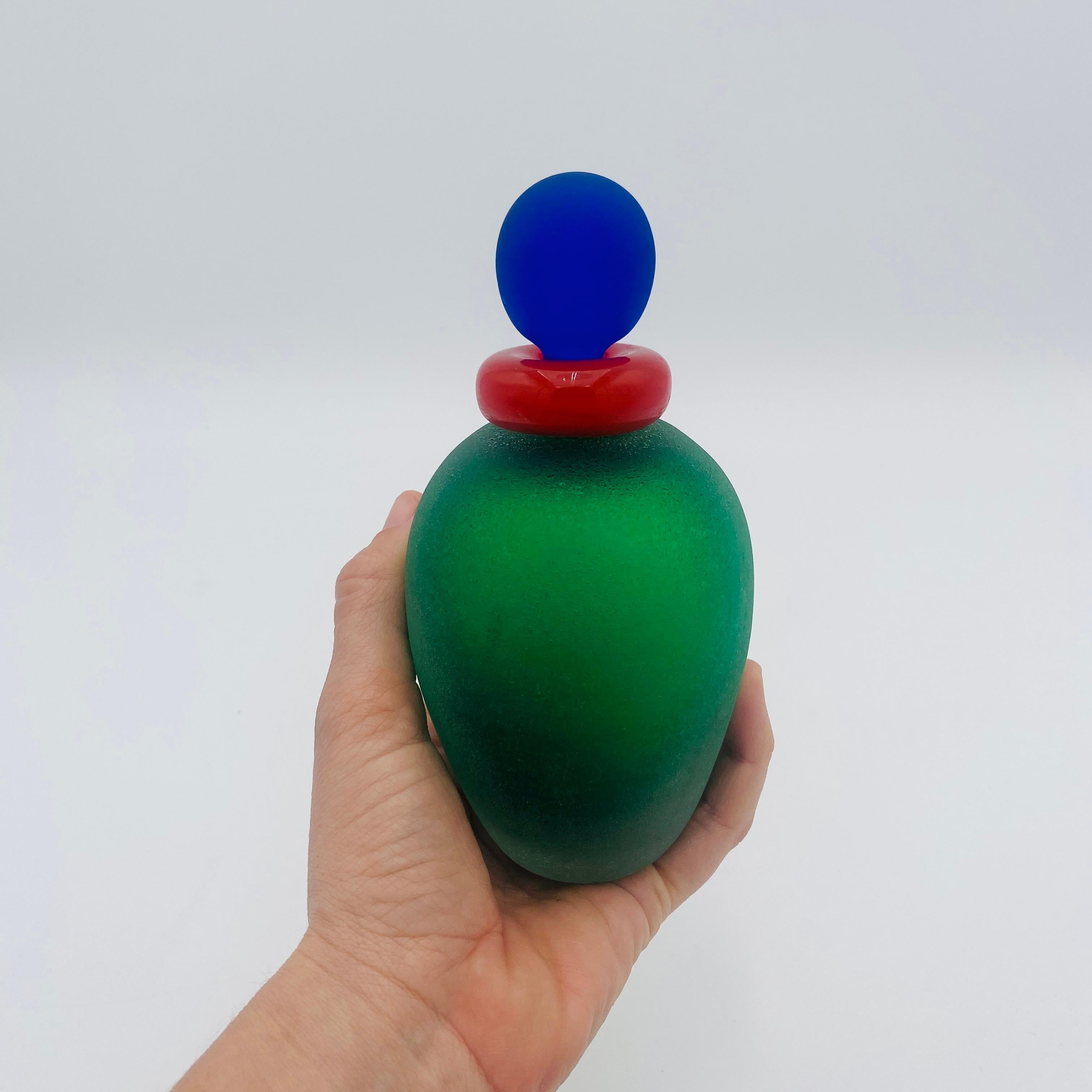 Italian Murano Glass Bottle with Stopper Green Red Blue by Franco Moretti 1980s For Sale 2