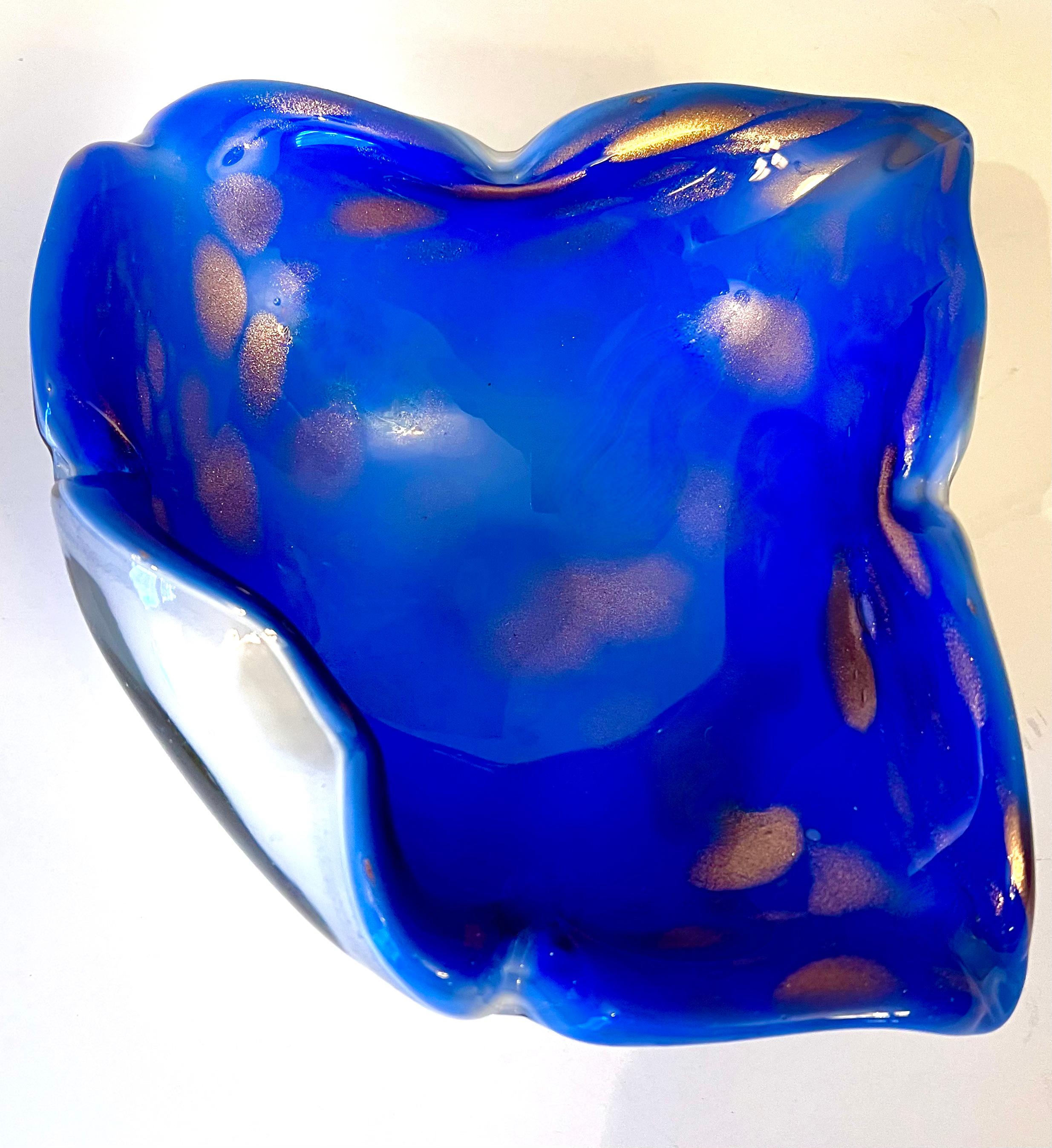 20th Century Italian Sommerso Murano Glass Bowl Ashtray in Brilliant Blue with Gold Flecks For Sale