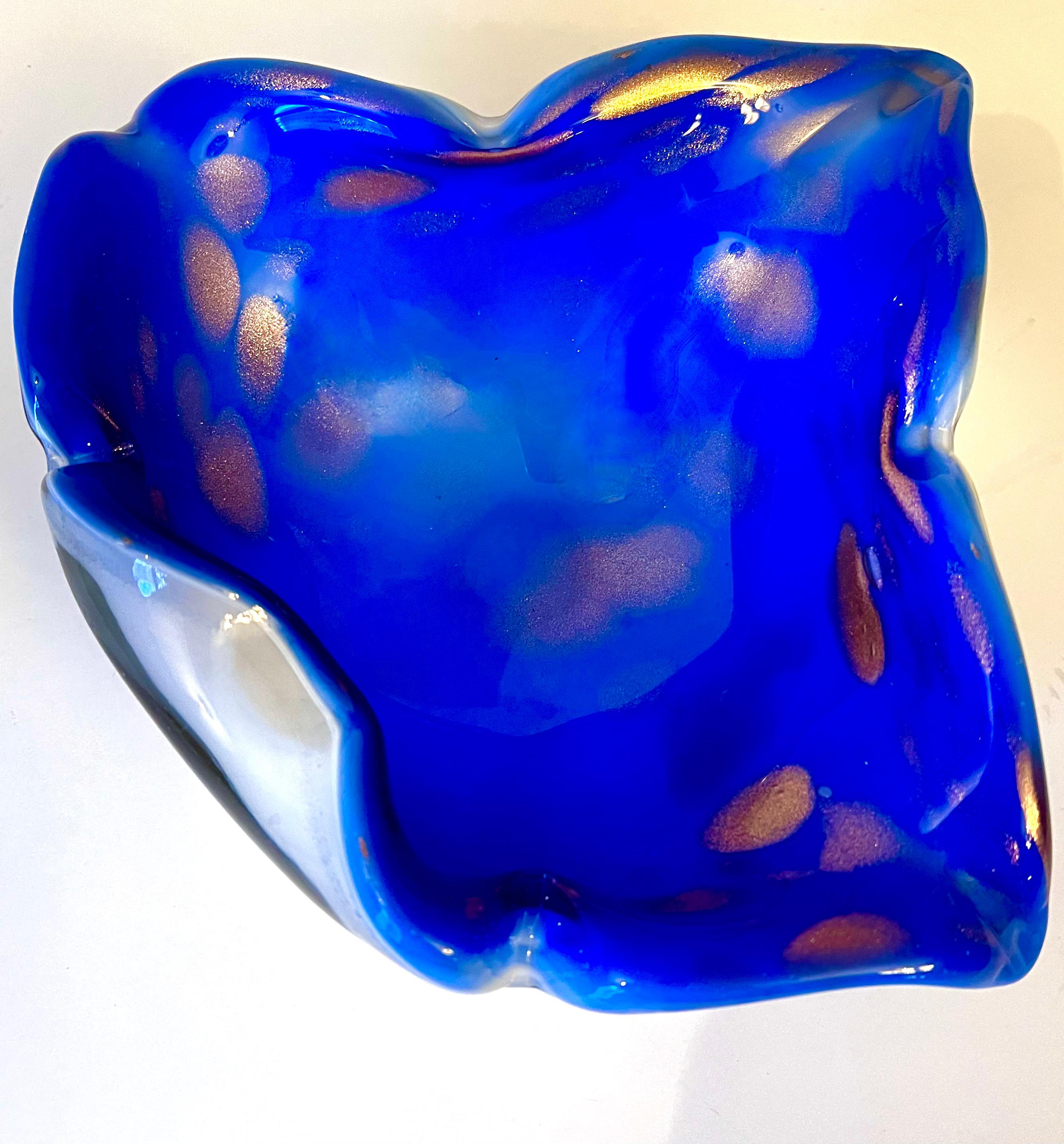 Italian Sommerso Murano Glass Bowl Ashtray in Brilliant Blue with Gold Flecks For Sale 1