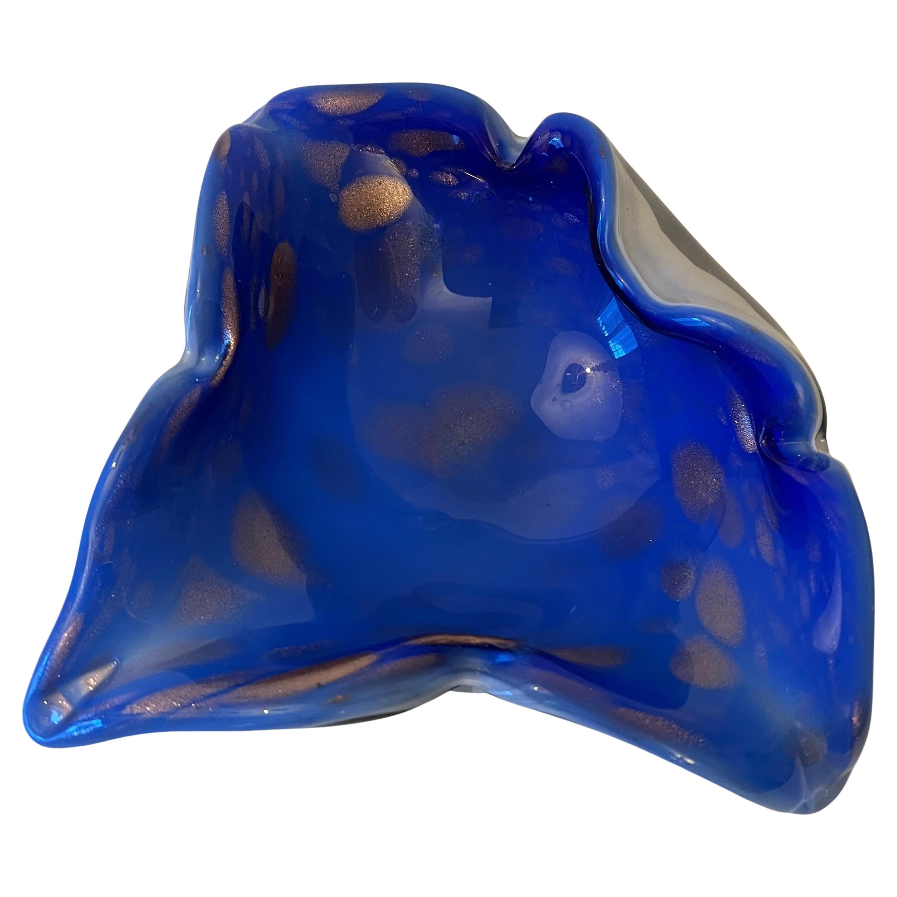 Italian Sommerso Murano Glass Bowl Ashtray in Brilliant Blue with Gold Flecks For Sale