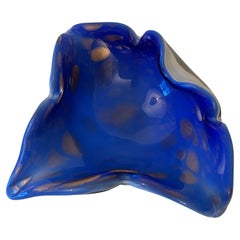 Italian Sommerso Murano Glass Bowl Ashtray in Brilliant Blue with Gold Flecks