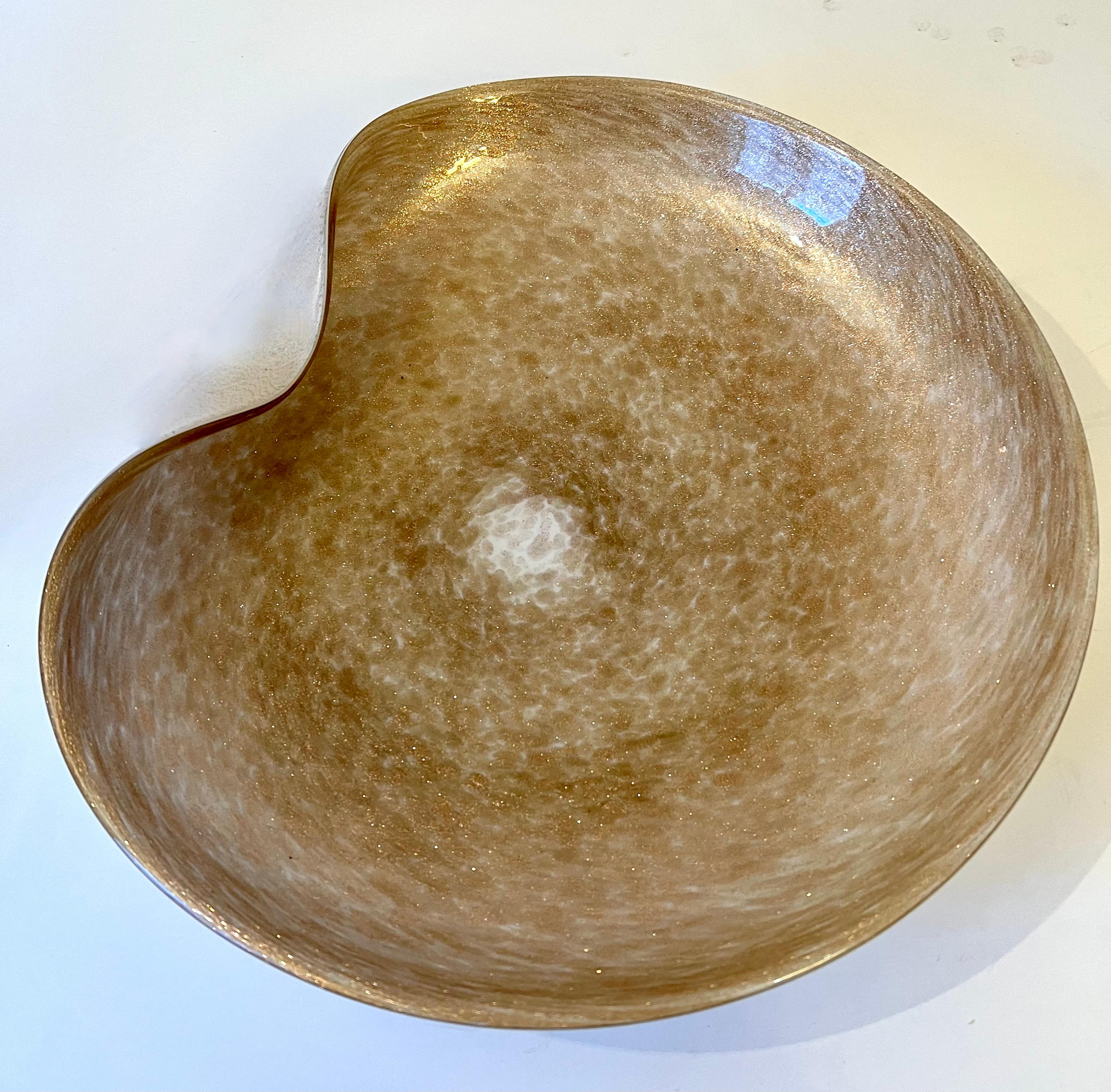 Mid-Century Modern Italian Murano Glass Bowl with Gold Flecks and Opaque White Detail