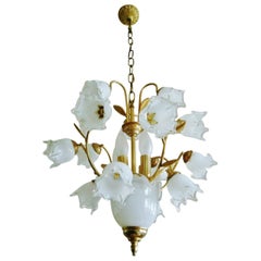 Italian Murano Glass Brass Four-light Tulip Bouquet Chandelier, 1960-1969