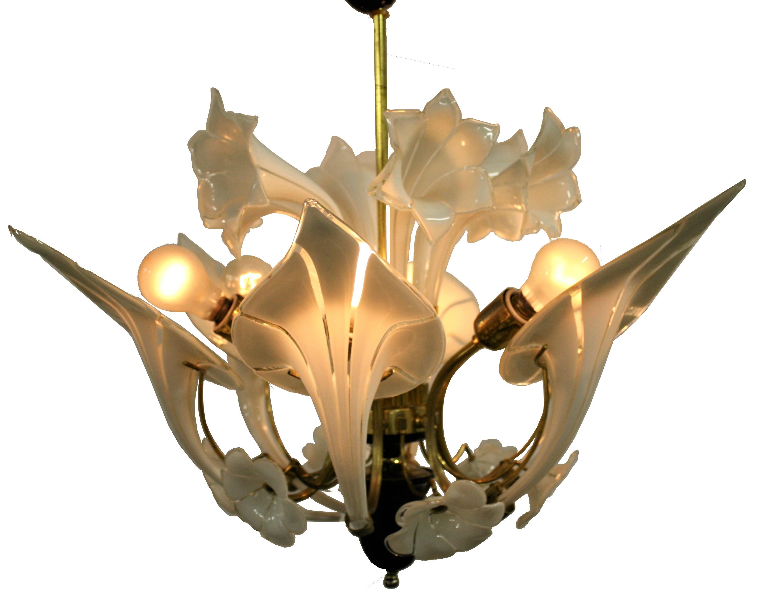 Immaculate midcentury flower chandelier made from clear on white Murano glass mounted in a 24-karat gold-plated brass armature.

Beautiful handblown flower sculptures in different shapes make the chandelier wonderful to look at.

Once