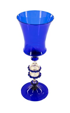Italian Murano Glass Chalice, Cobalt Blue and Gold Leaf, 1980s