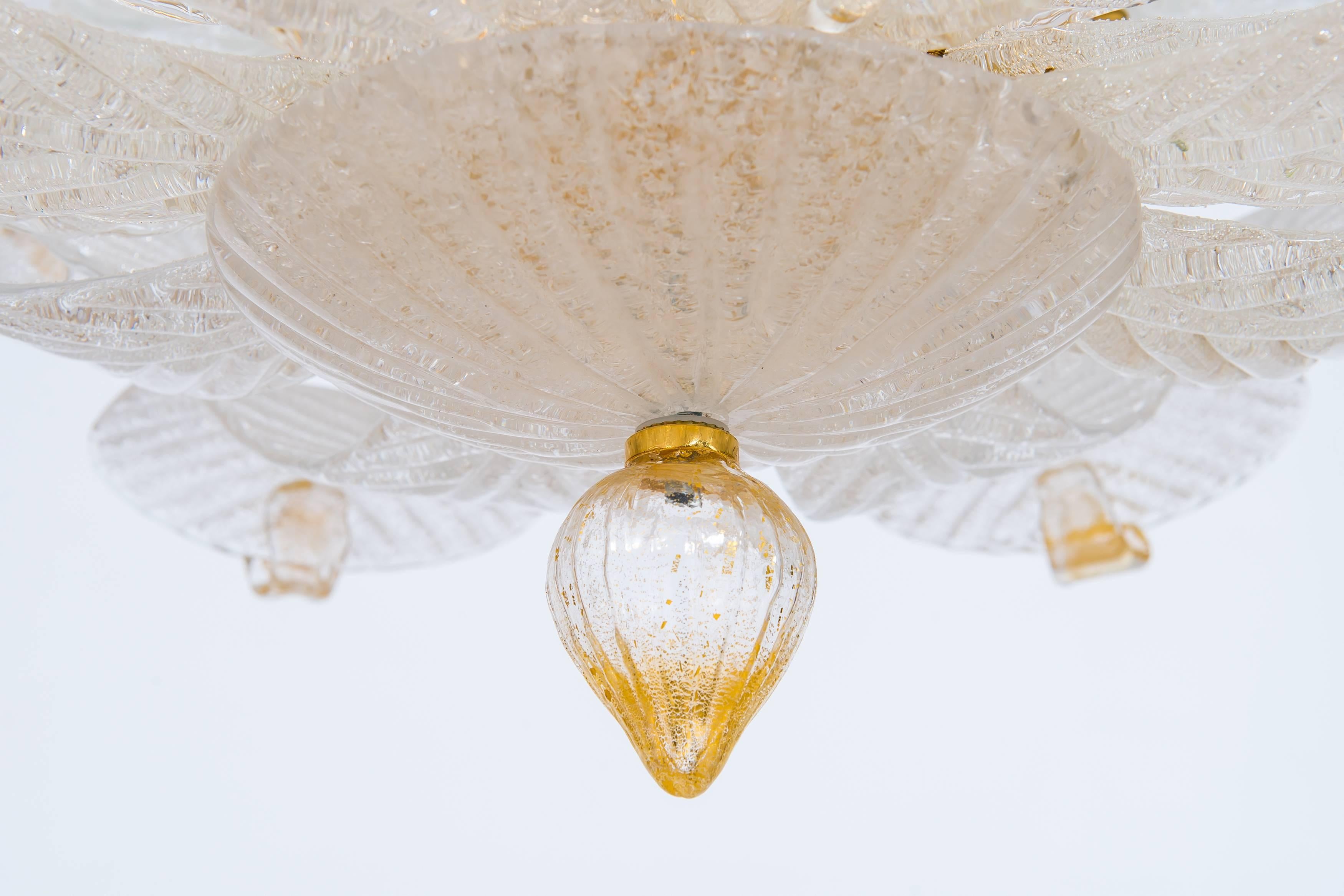 Hand-Crafted Italian Flush Mount in Murano Glass Milk color leaves and Gold fineshes, 1990s For Sale