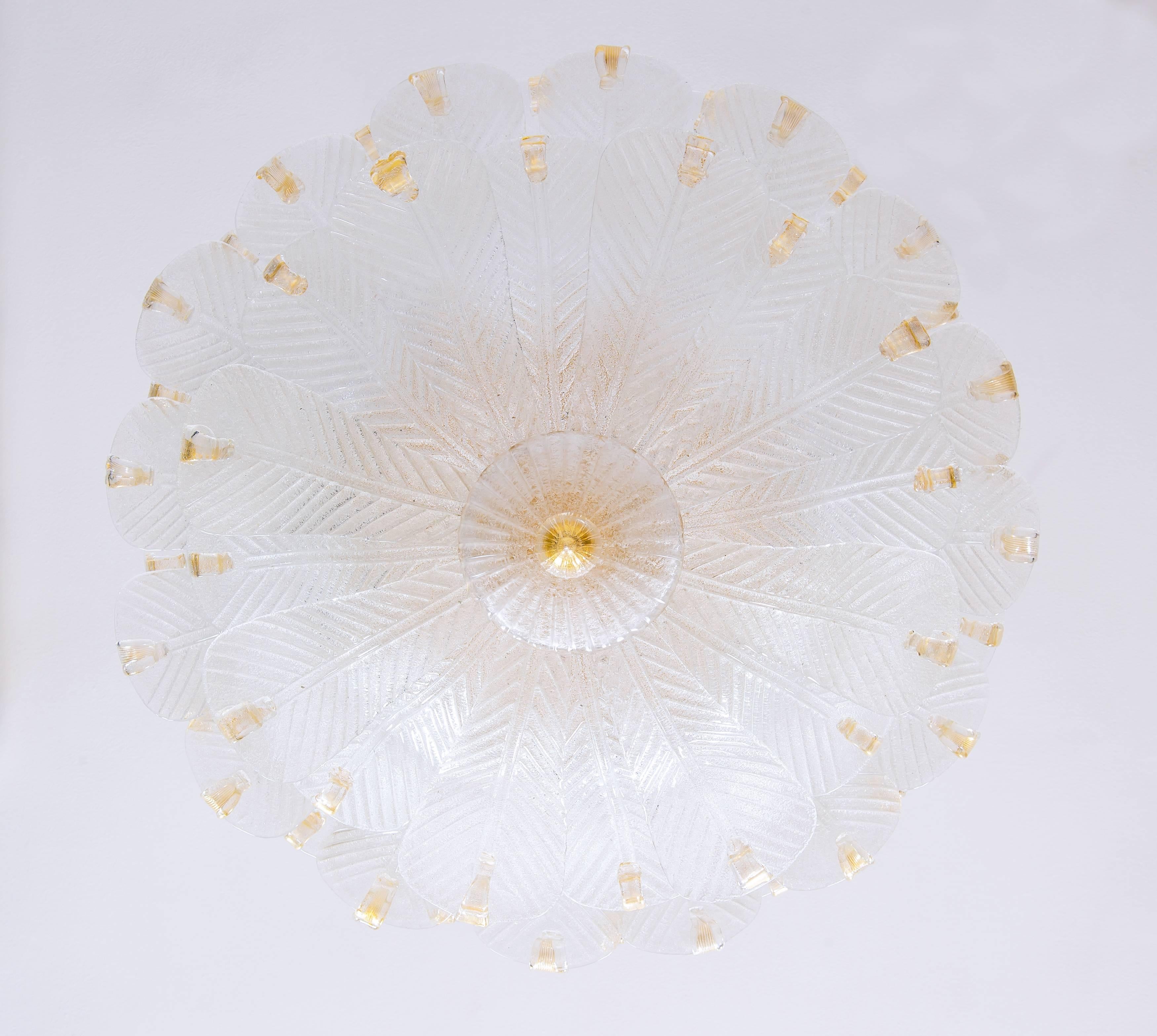 Italian Flush Mount in Murano Glass Milk color leaves and Gold fineshes, 1990s For Sale 3