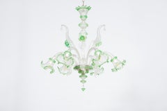 Italian Murano Glass Chandelier, Mint Green and Transparent, Six-Arm, 1990s