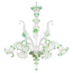 Italian Murano Glass Chandelier, Mint Green and Transparent, Six-Arm, 1990s