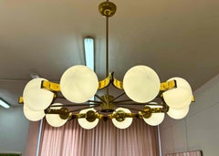 Italian Murano Glass Chandelier with 10 White Spheres and Radial Brass Structure