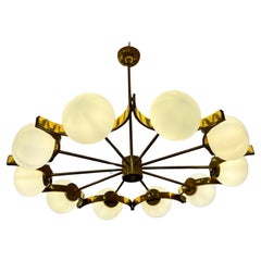 Italian Murano Glass Chandelier with 10 White Spheres and Radial Brass Structure
