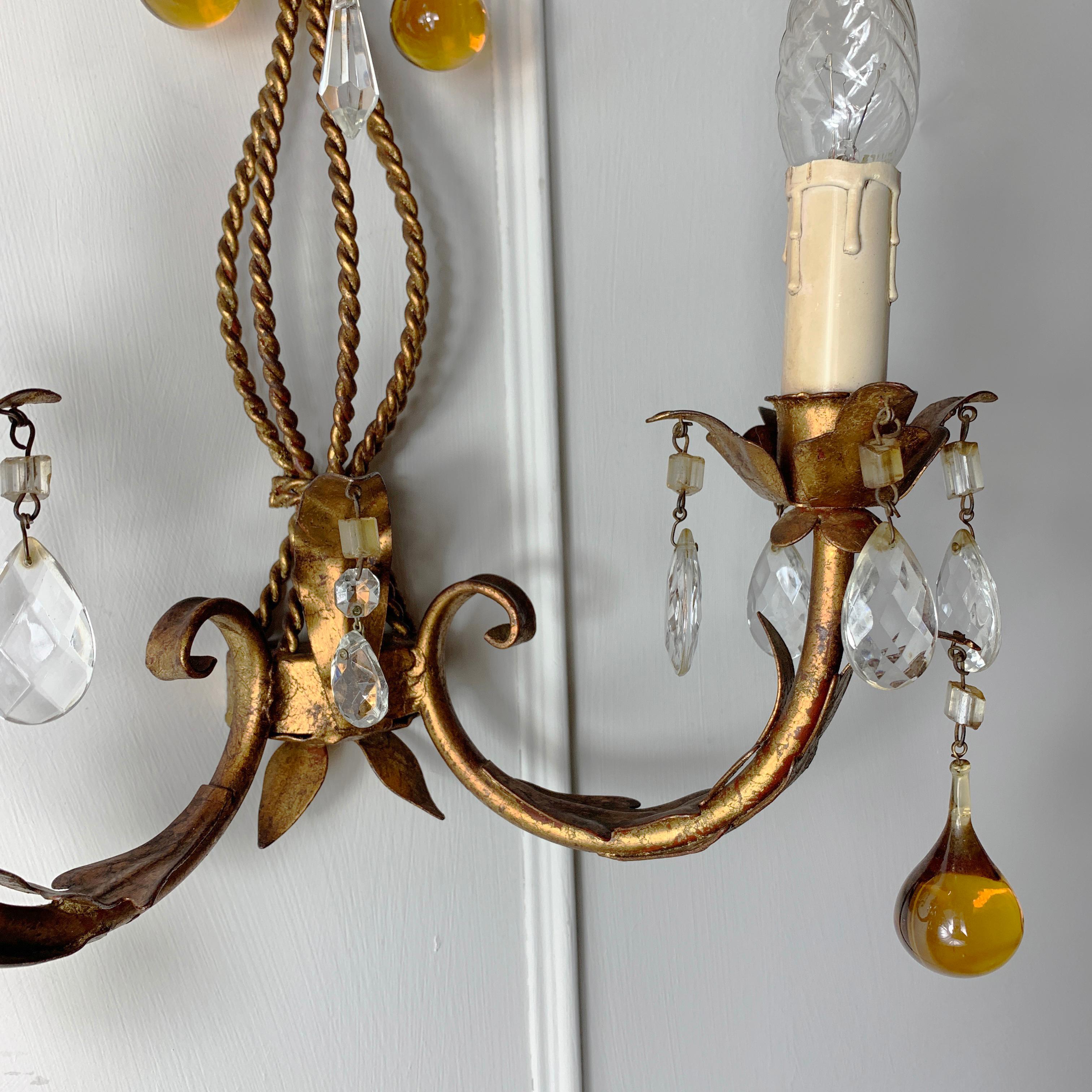 20th Century Italian Murano Glass Drop Gold Wall Light For Sale
