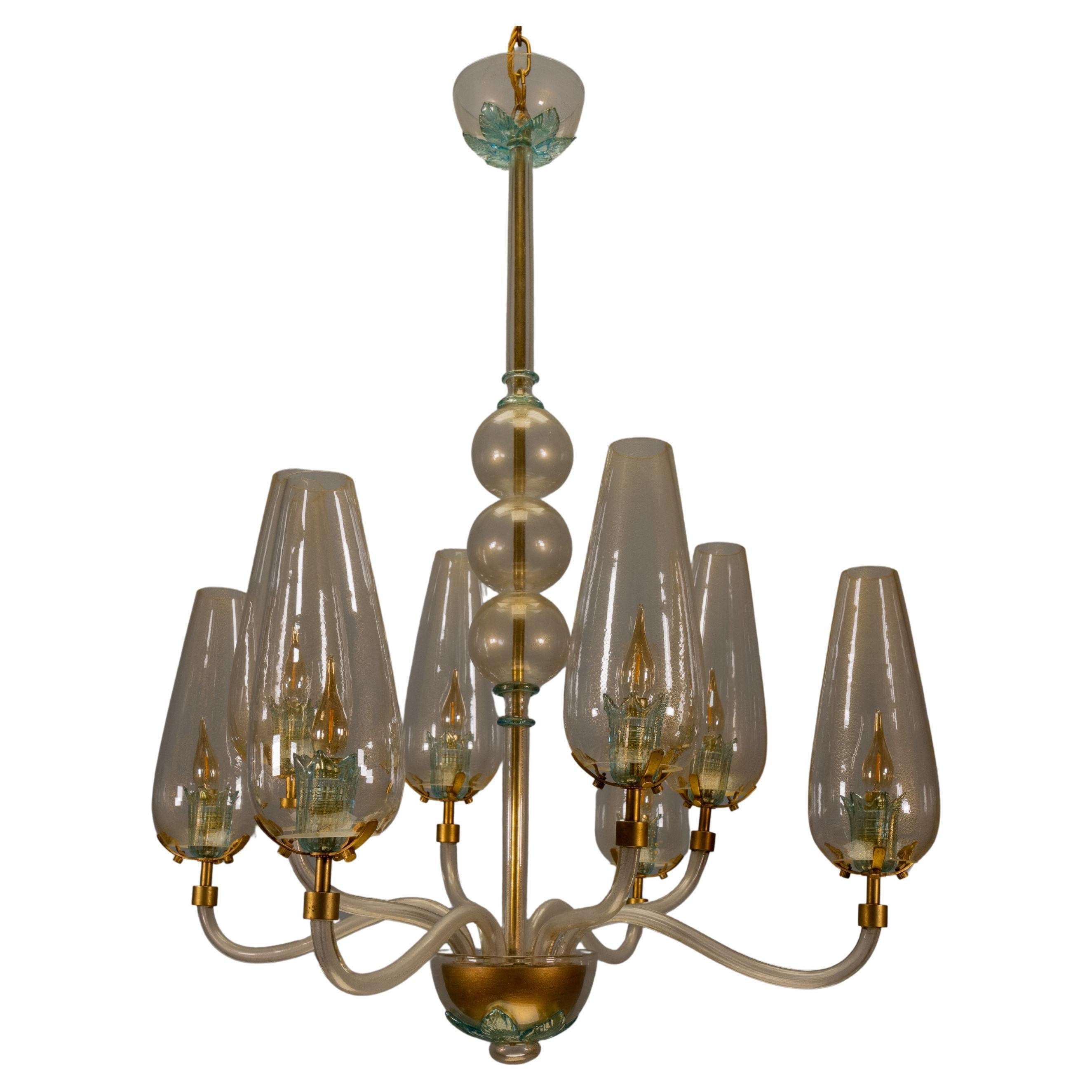 Lampadario a otto luci in vetro di Murano con accenti dorati, anni '70