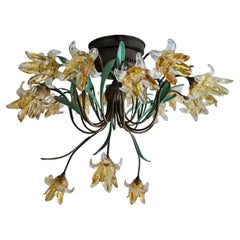 Italian Murano Style Semi-Flush Mount Chandelier with 19 Glass Flowers
