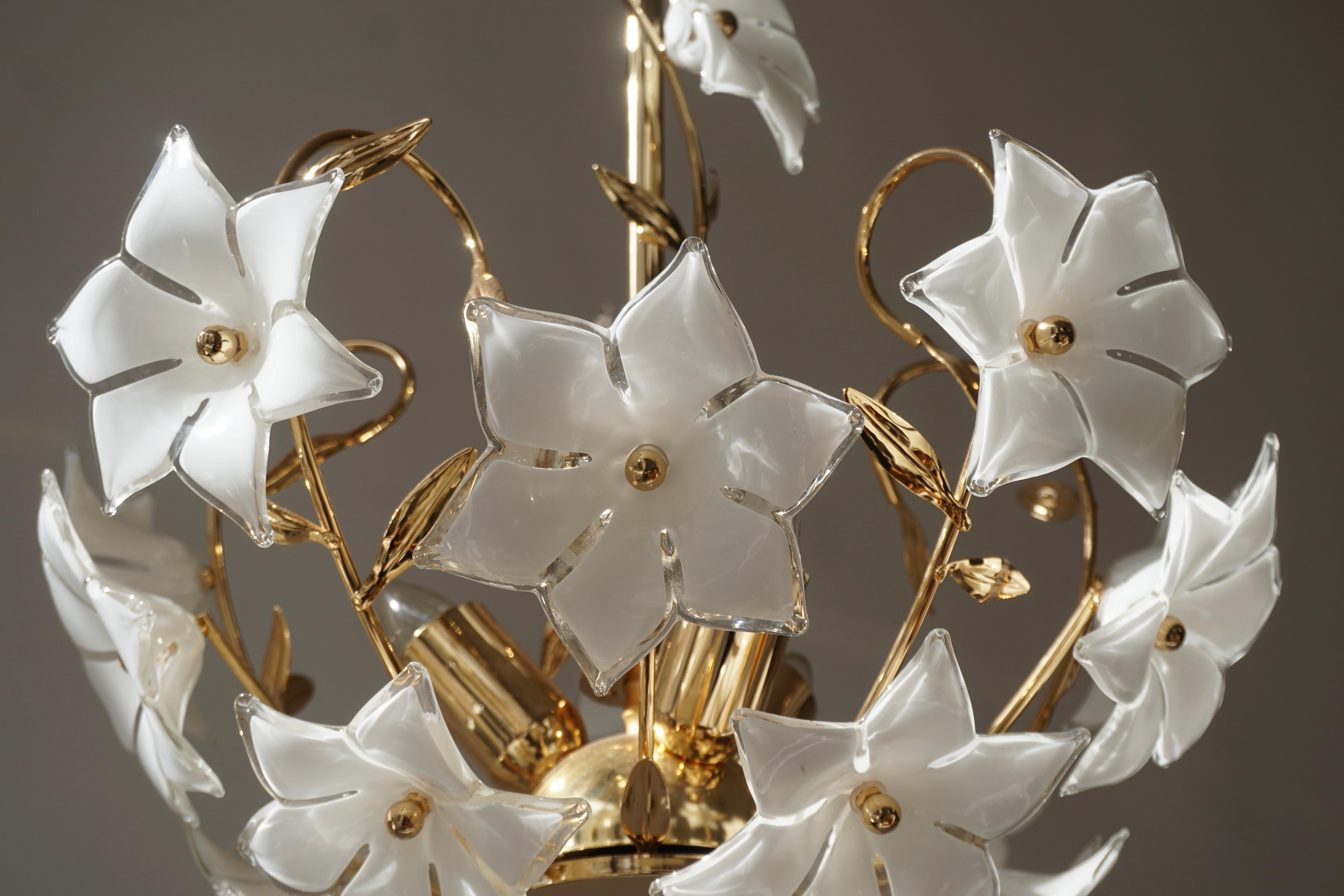  Italian Murano Glass Flower and Gilt Brass Chandelier 5
