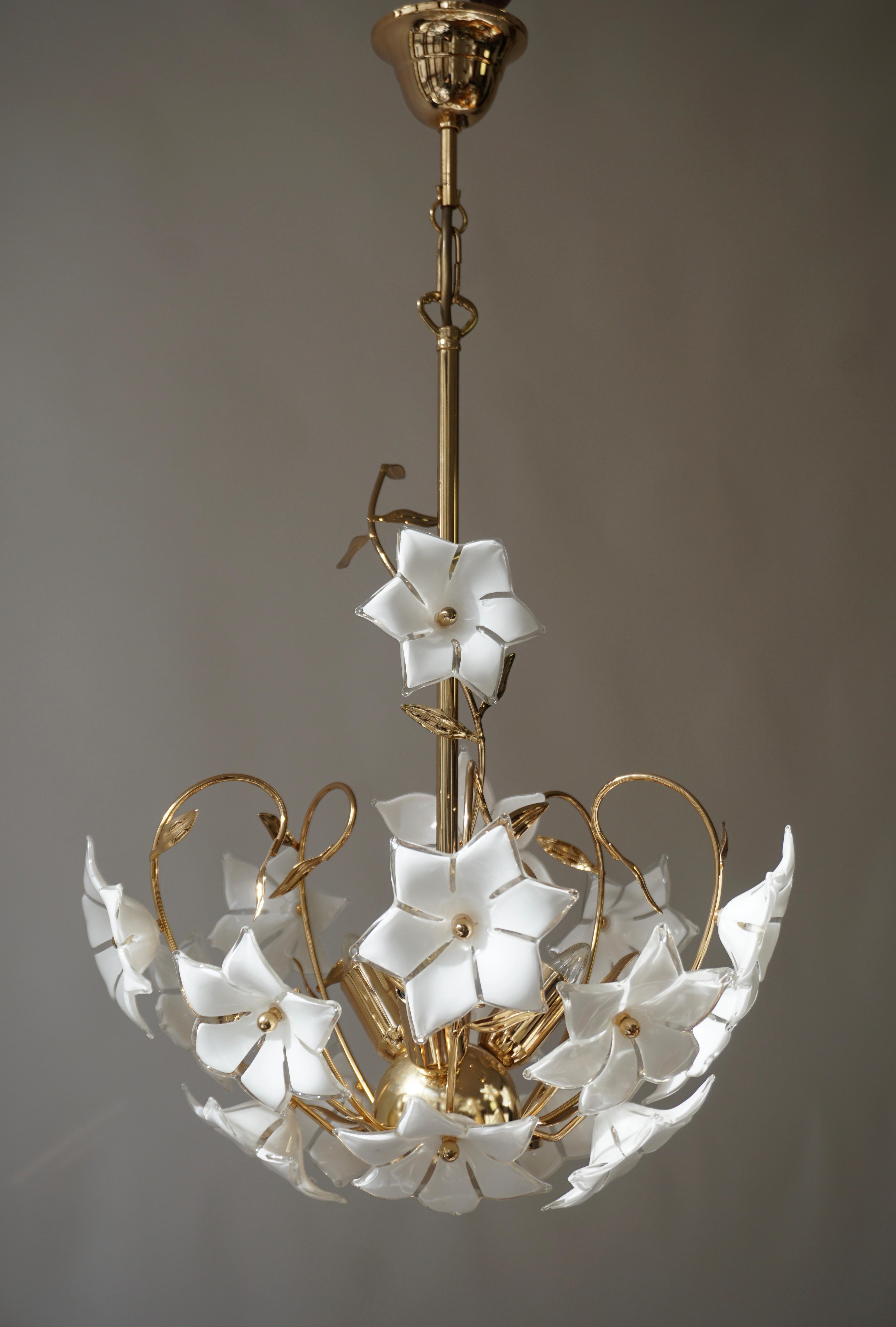  Italian Murano Glass Flower and Gilt Brass Chandelier 6