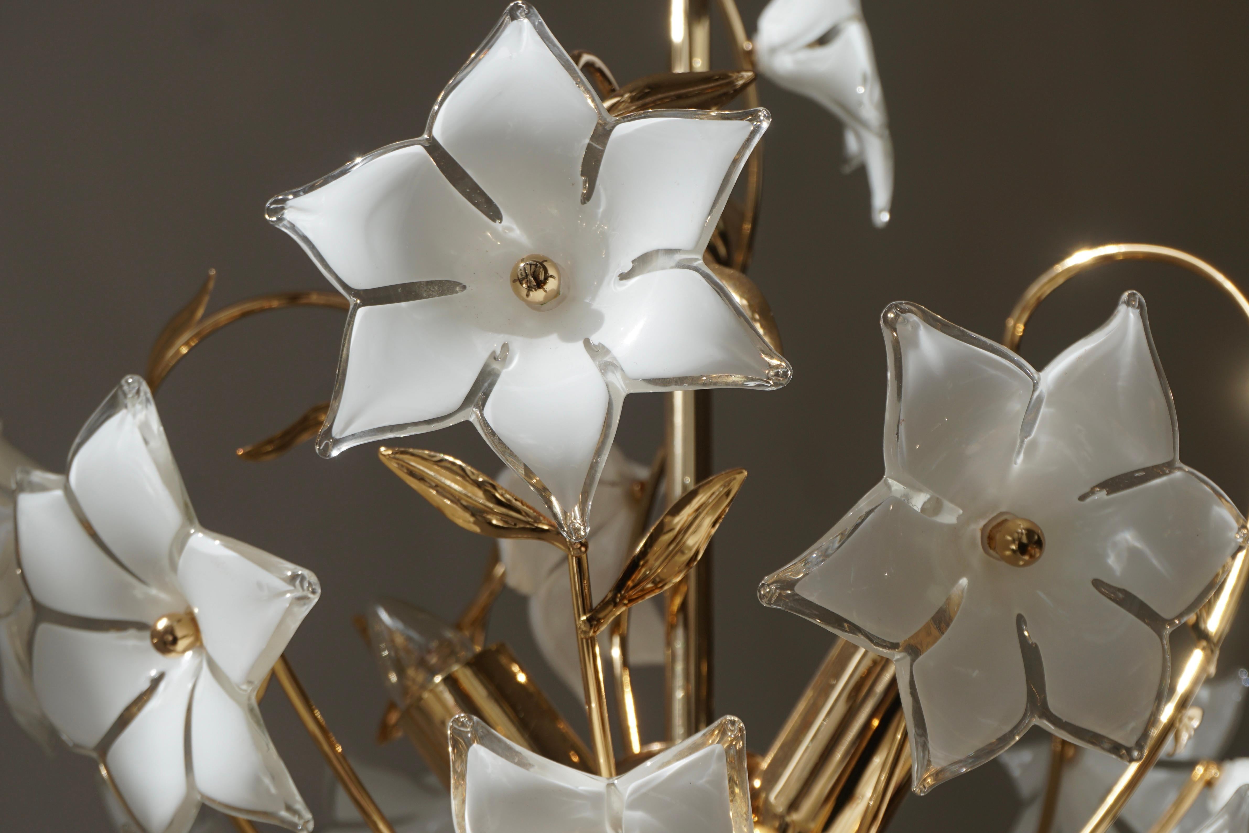 20th Century  Italian Murano Glass Flower and Gilt Brass Chandelier