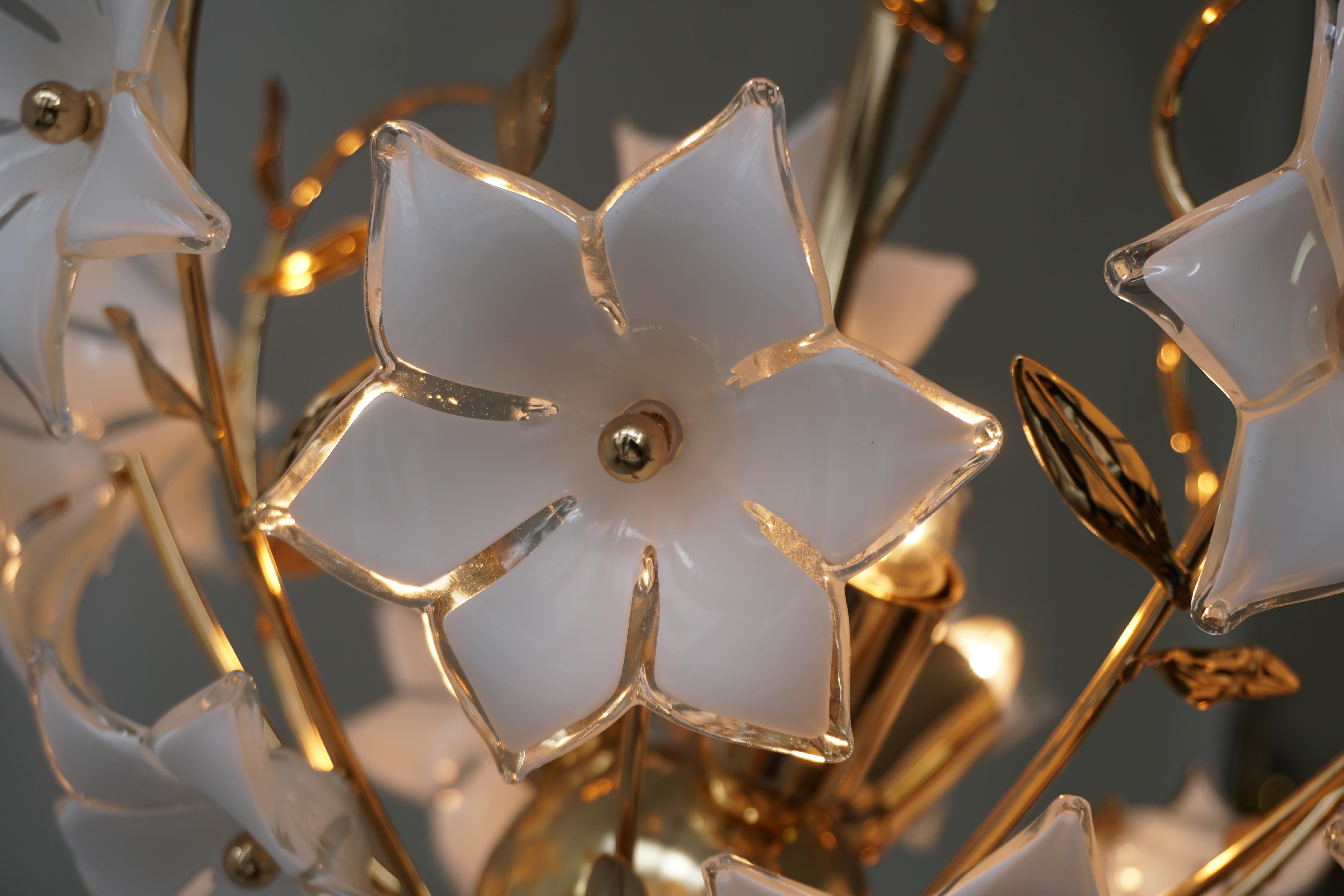  Italian Murano Glass Flower and Gilt Brass Chandelier 1